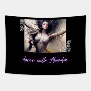 Dance with Abandon (girl in corset with arms raised, eyes closed) Tapestry