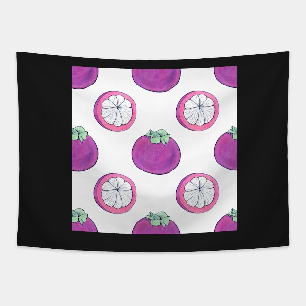 Watercolor pattern with exotic fruit, mangosteen Tapestry by runlenarun