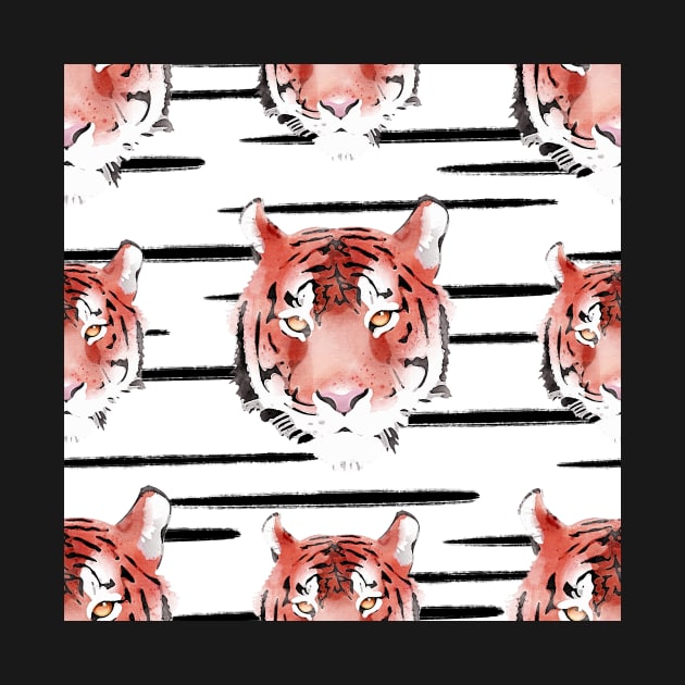 Tiger Head Black Stripes Watercolor Pattern by OneLook