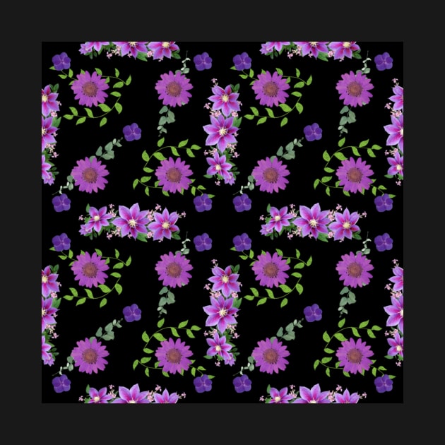 Purple Flowers Pattern on Black Background by ZesTees