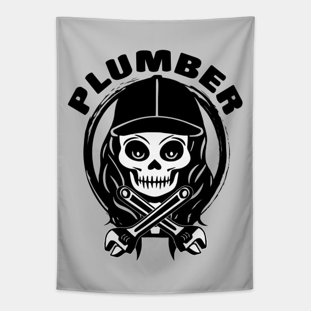 Female Plumber Skull and Wrench Black Logo Tapestry by Nuletto