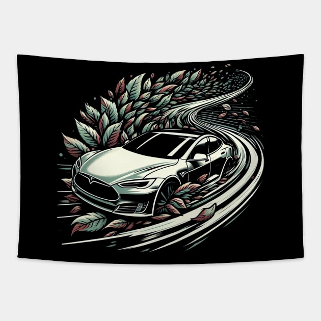 Tesla leaving trail of leaves Tapestry by SimpliPrinter