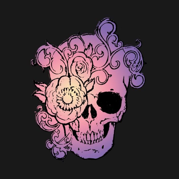 Filigree Skull With Flower Purple Fade Original Art T-Shirt by ckandrus