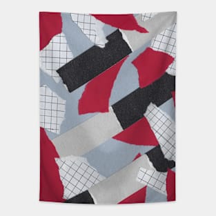 Checkers and Bars - Red, Blue, White - Abstract Mixed Torn Paper Collage Tapestry