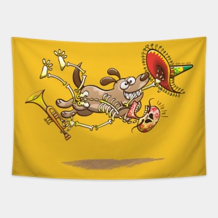 Mischievous dog stealing a tasty Mexican skeleton complete with big hat and trumpet Tapestry