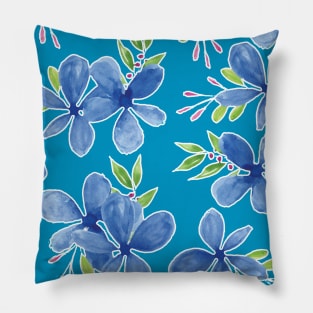 Blue Petal Flower Watercolor Pattern Blue Background Pillow