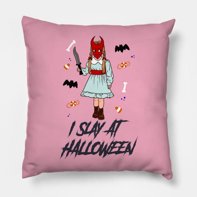 “I Slay At Halloween” Trick Or Treater Girl With Large Knife Pillow by Tickle Shark Designs