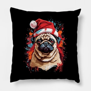 Pug Dog Christmas with Santa Hat Pillow