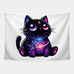 Kawaii Cosmic Cat in Stars Tapestry