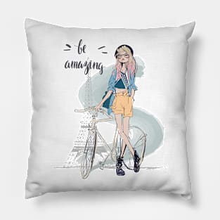 Girl with bike Pillow