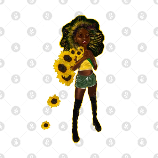 Anime Afro anime sunflower wielding warrior princess - beautiful girl with Afro hair, brown eyes and dark brown skin by Artonmytee