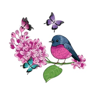 Lilacs - Butterflies And Pink Robin Bird T-Shirt