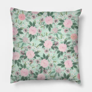 Elegant Green Pink Floral Watercolor Painting Pillow