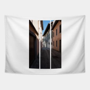 North Italy Life in the center of the lombard medieval city. Walking through narrow streets and walls. Sunny summer day. (vertical) Tapestry