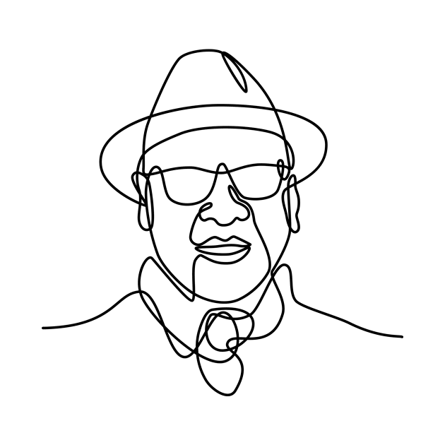 Asian Man or Gentleman Wearing a Fedora Hat and Sunglasses Smiling Continuous Line Drawing by patrimonio