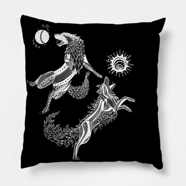 Hati and Sköll (white lineart) Pillow by manicgremlin