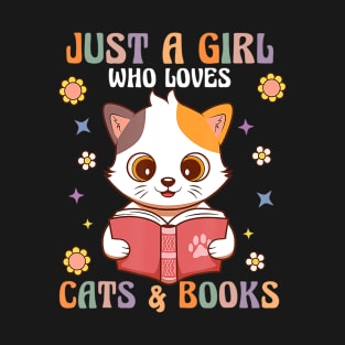 Retro Groovy Just A Girl Who Loves Books And Cats Book Lover T-Shirt