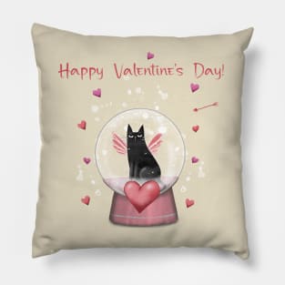 Happy valentines black cat. Cute cat and red hearts. Pillow