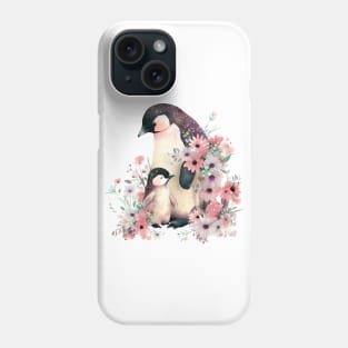 Cute penguin with baby and flowers Phone Case