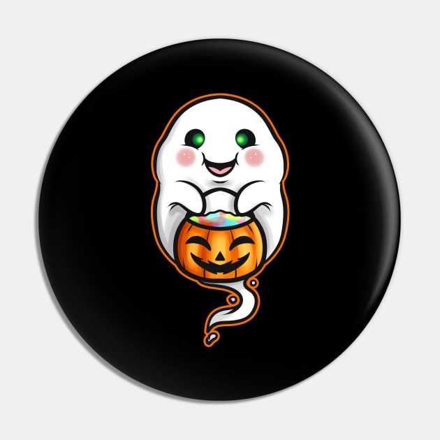 Kawaii Ghost Holding Pumpkin Trick Or Treat Bag Halloween Pin by SinBle