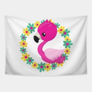 Cute Flamingo, Baby Flamingo, Bird, Flowers Tapestry