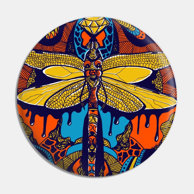 Orange Blue Circle of the Dragonfly Pin by kenallouis