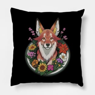 Playful Dhole Amidst Vibrant Flowers Pillow