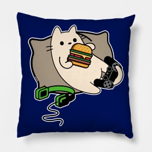 Gamer cat eating hamburger game loading Pillow