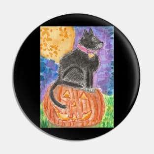 Black cat Halloween pumpkin art Pin