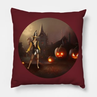 Witch and three pumpkins near the creepy house Pillow