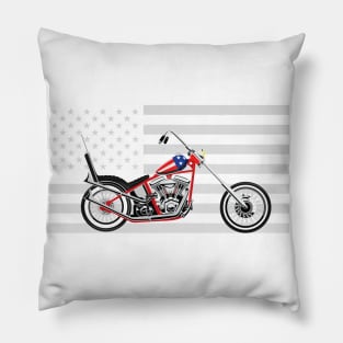 Illustrated American Chopper Motorcycle Low Rider with Grey American Flag as Background Pillow