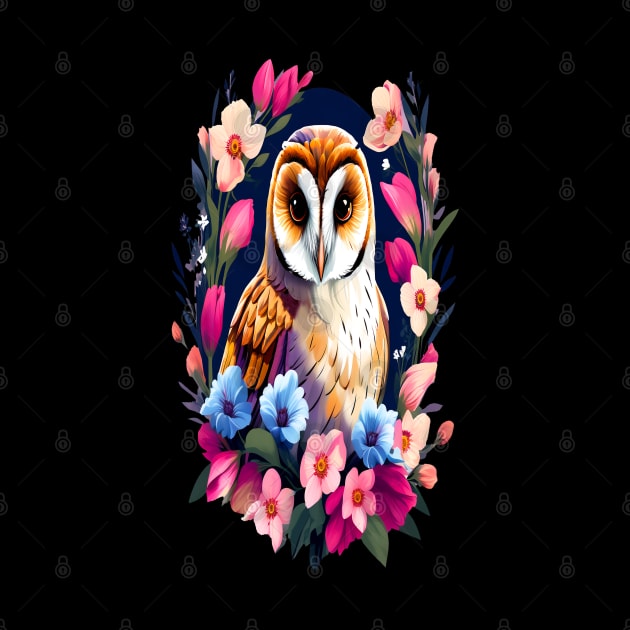 Cute European Barn Owl Surrounded by Bold Vibrant Spring Flowers by BirdsnStuff