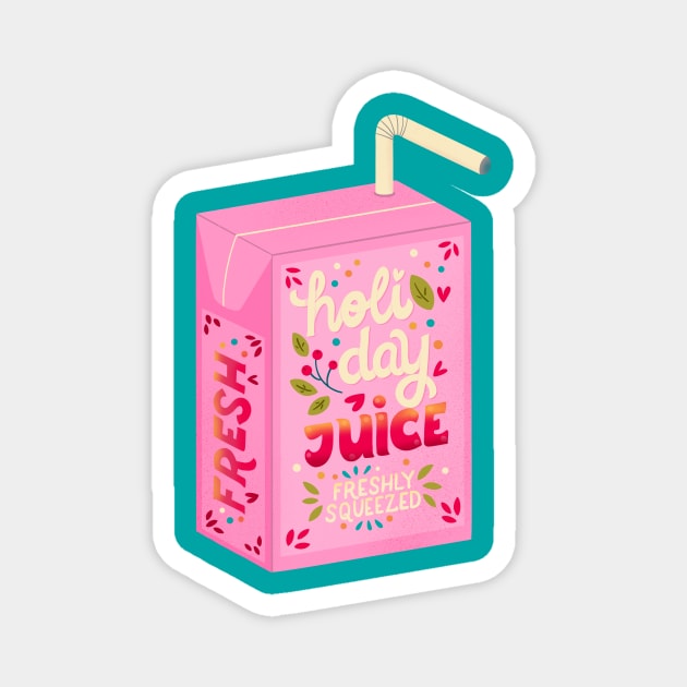 Juice box with hand lettering holiday juice. Cute festive winter holiday illustration. Bright colorful pink and blue greeting card. Magnet by BlueLela