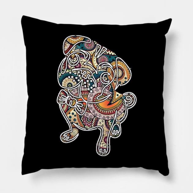 colorfull henna pug V.2 Pillow by puglove