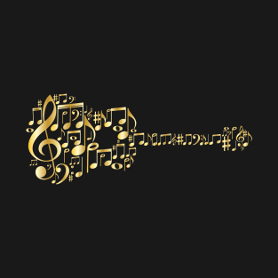 Creative Guitar Art - Acoustic Guitar In Metallic Music Notes - Gold T-Shirt