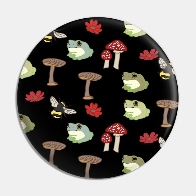 Frog and Mushroom Pattern with Black Background Pin by courtneylgraben