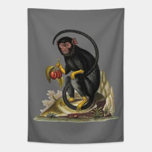 Longtailed black ape with yellow hands and feet, holding two plums. Tapestry