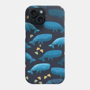 Blue whales illustration poster with pattern of whales and yellow seashells Phone Case