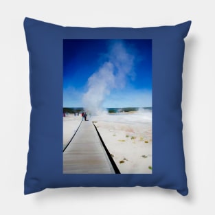Tourists Watching Fountain and Morning Geysers Yellowstone Wyoming Pillow