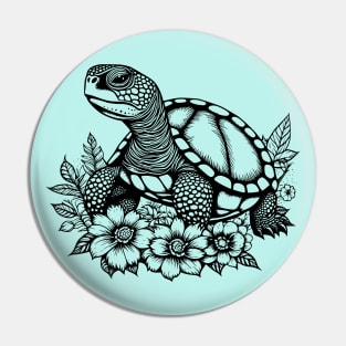 Adorable Turtle Design in Retro Black and White style Pin