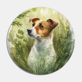 Long Haired Jack Russell Dog in the Forest Watercolor Pin