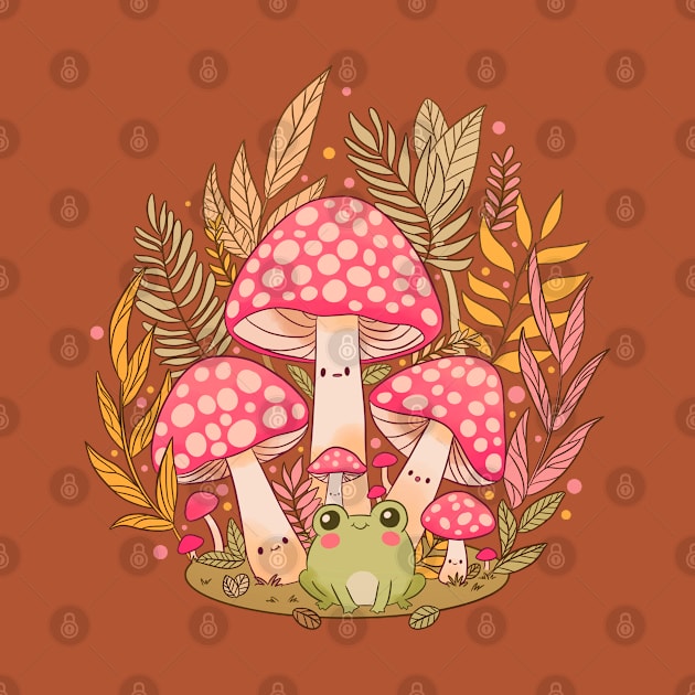 Cottagecore Aesthetic Frog With Mushrooms by YaraGold