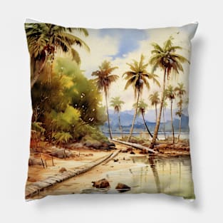 Tropical Beach with Palm Trees Watercolor Pillow