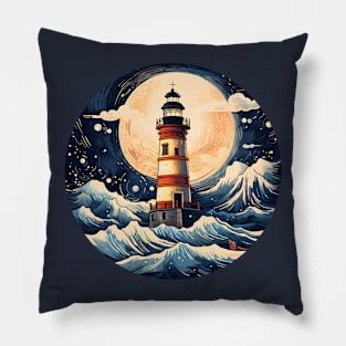 Lighthouse Ocean Waves Full Moon Pillow