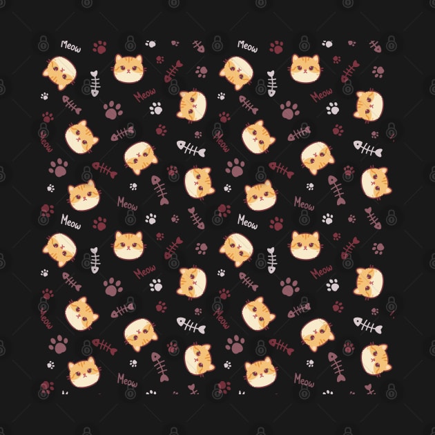 Seamless pattern of a cute red cats, bones and animal's paws by Saya Raven