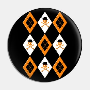 Orange Argyle Clockwork Skull Pin