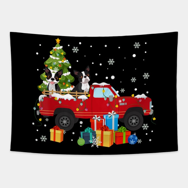 Red Truck Pick Up Christmas Tree Boston Terrier Dog Lover Tapestry by MonataHedd