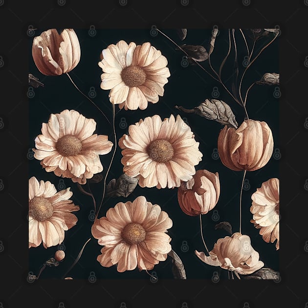 Dark and Moody Pink Peonies on Dark Background by VintageFlorals