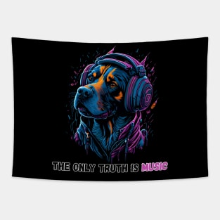 The only truth is music. Cute rotweiller dog wearing headphones Tapestry