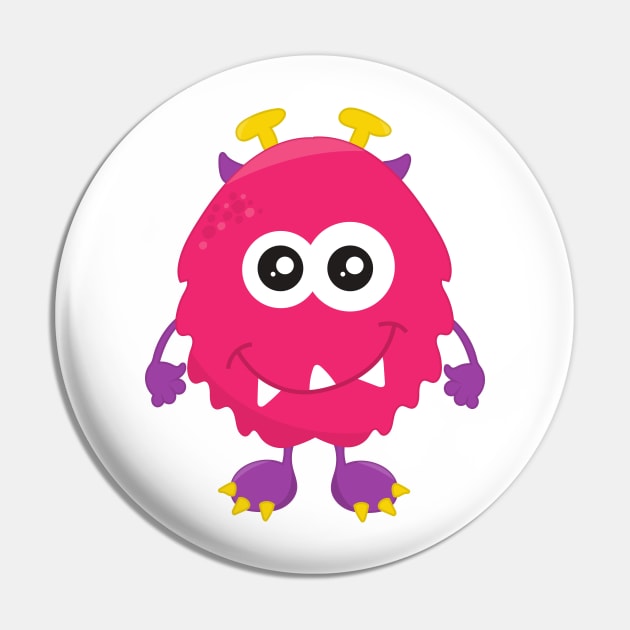 Cute Monster, Pink Monster, Horns, Funny Monster Pin by Jelena Dunčević